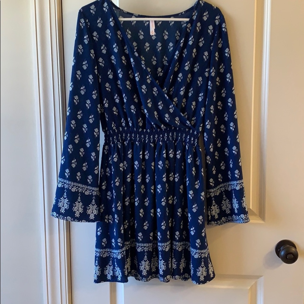 Blue Floral Dress with Bell Sleeves